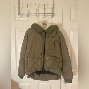 Olive Green Puffer Jacket with Sherpa Lined Hood